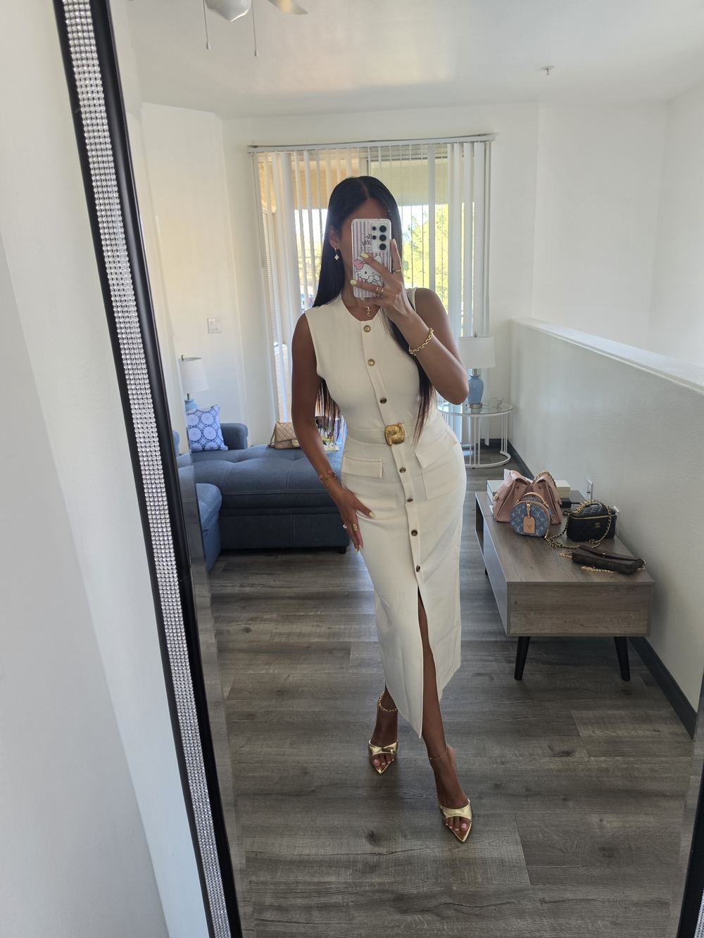 Zara Cream Button-Front Midi Dress with Gold Accents - Picture 9 of 17
